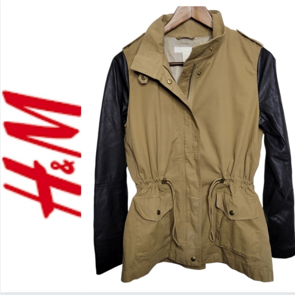 H&M Faux Leather Zip Up Army Utility Jacket Adjustable Waist Size 10